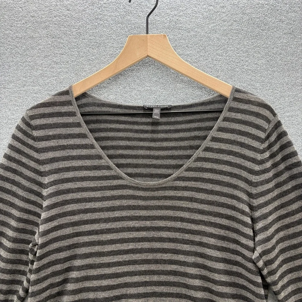 Eileen Fisher Sweater Dress Medium Gray Stripe Merino Alpaca Lightweight Swing - Picture 2 of 13